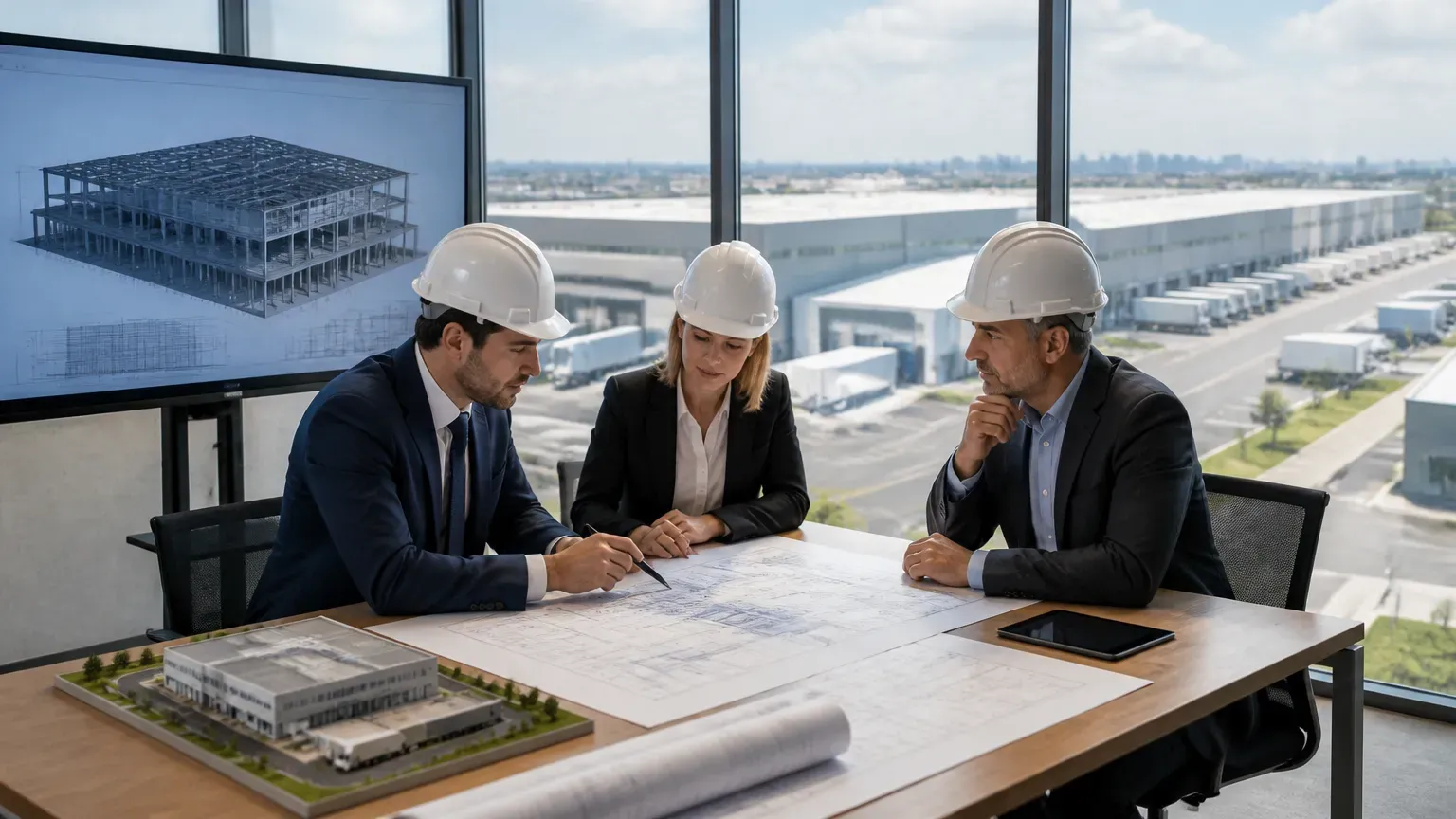 Engenheiros planejando projeto executivo de galpão industrial logístico em sala técnica.