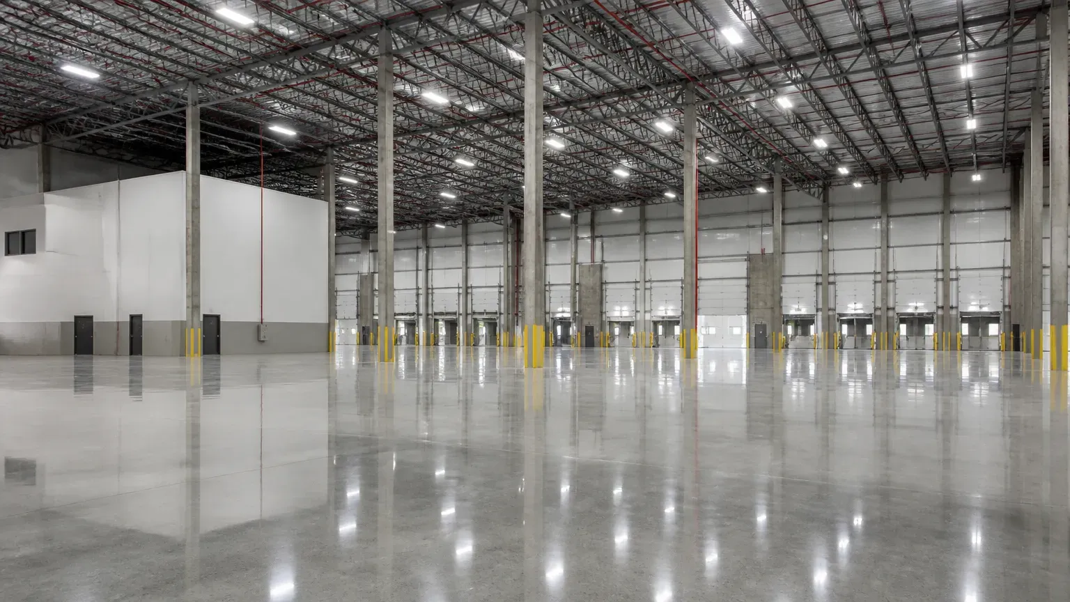 Interior amplo finalizado de galpão logístico com piso de concreto polido e iluminação industrial.