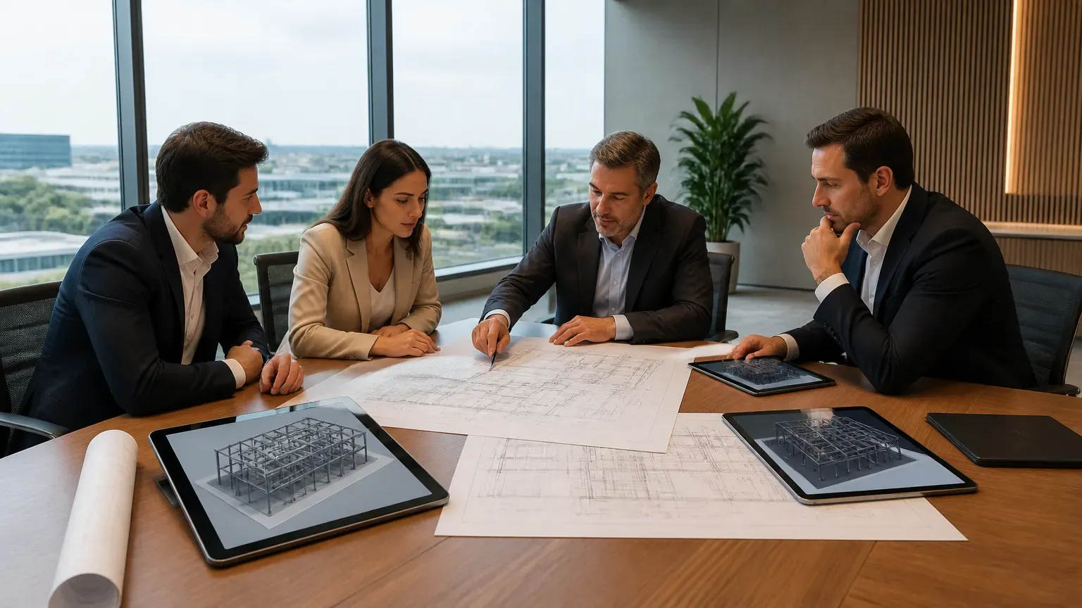 Reunião executiva de estruturação de contrato built to suit entre ocupantes corporativos e investidores.