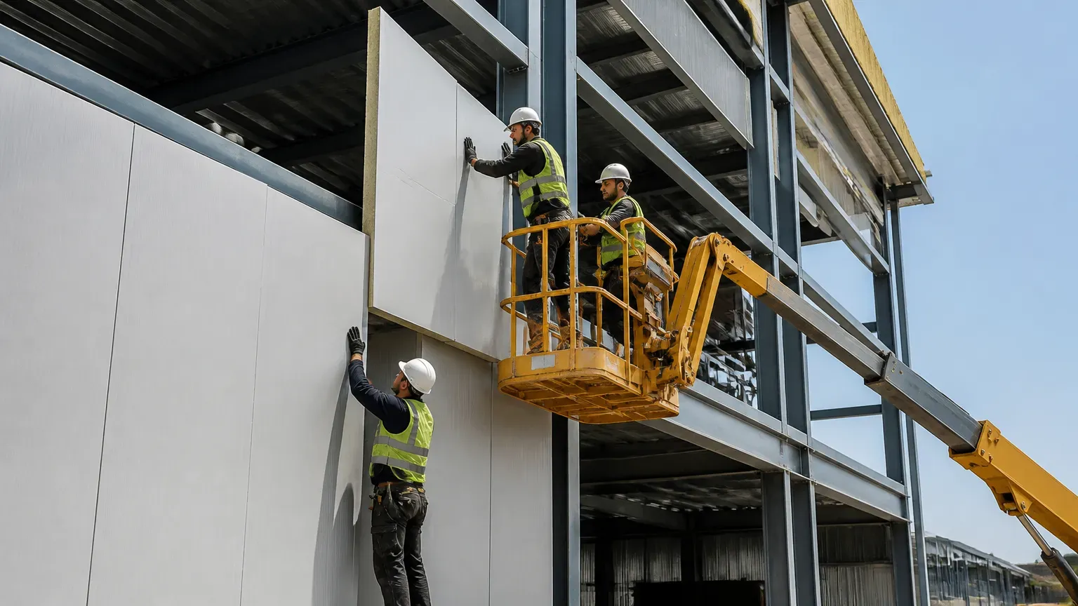 Instalação técnica de isopainel de fechamento lateral em estrutura metálica de galpão.