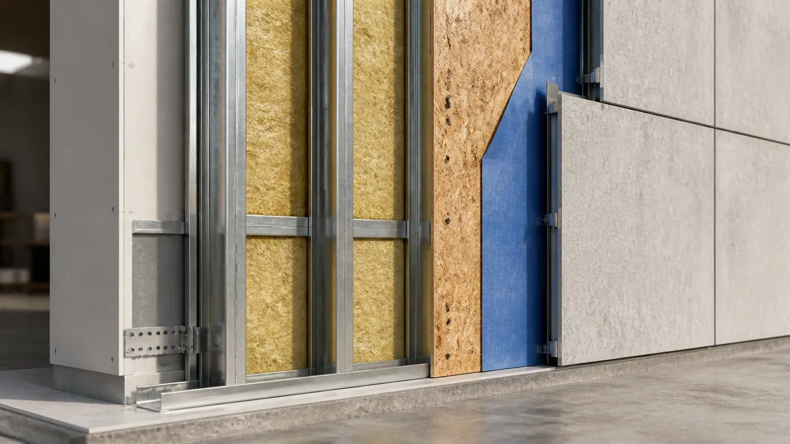 Camadas técnicas da parede em steel frame com isolamento termoacústico e placas estruturais.