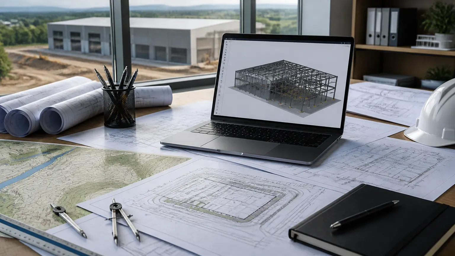Projeto técnico e planejamento estrutural para galpão logístico com plantas e modelo BIM sobre mesa.