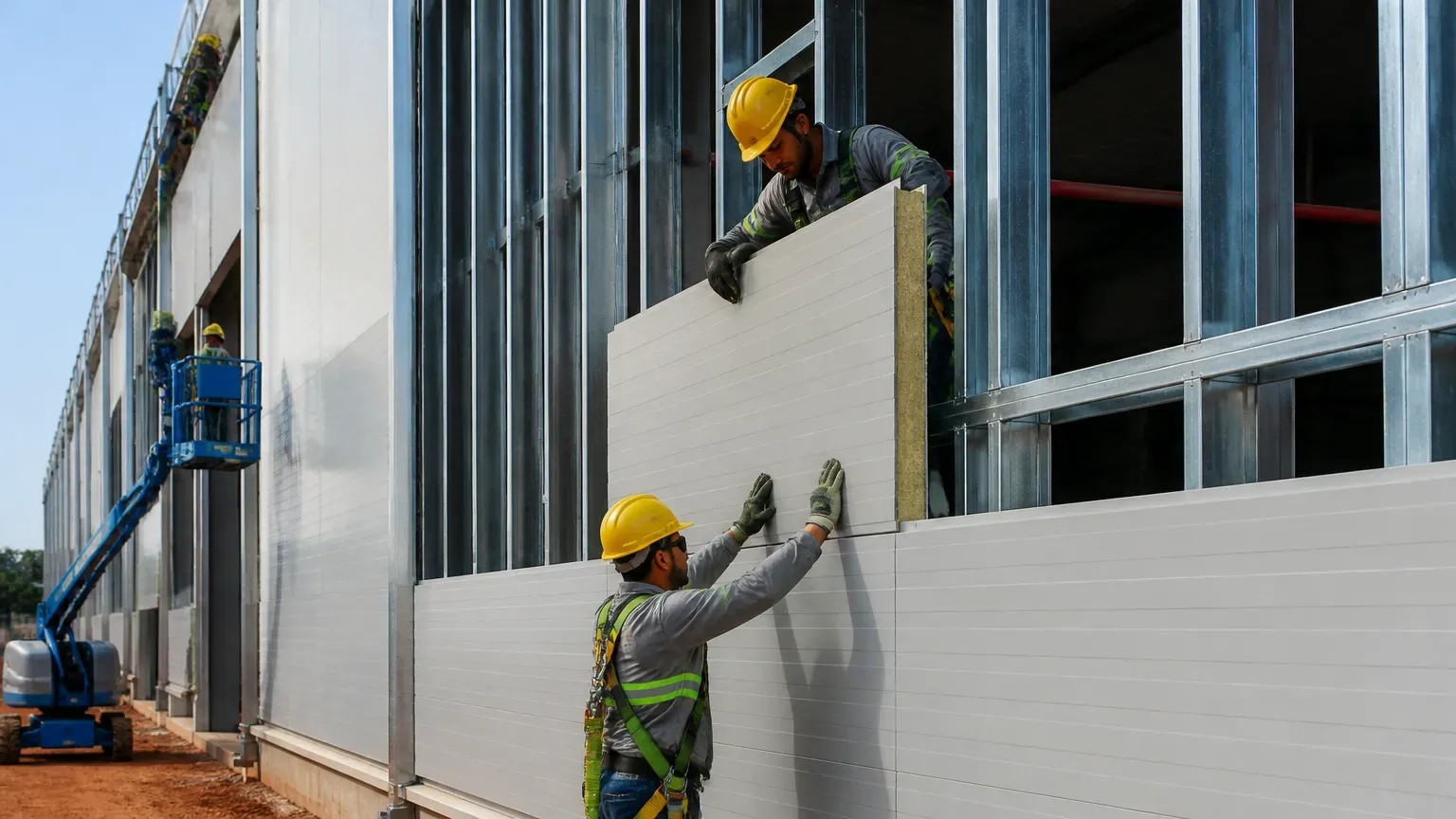 Montagem rápida de painéis termoacústicos na fachada de galpão industrial em construção.